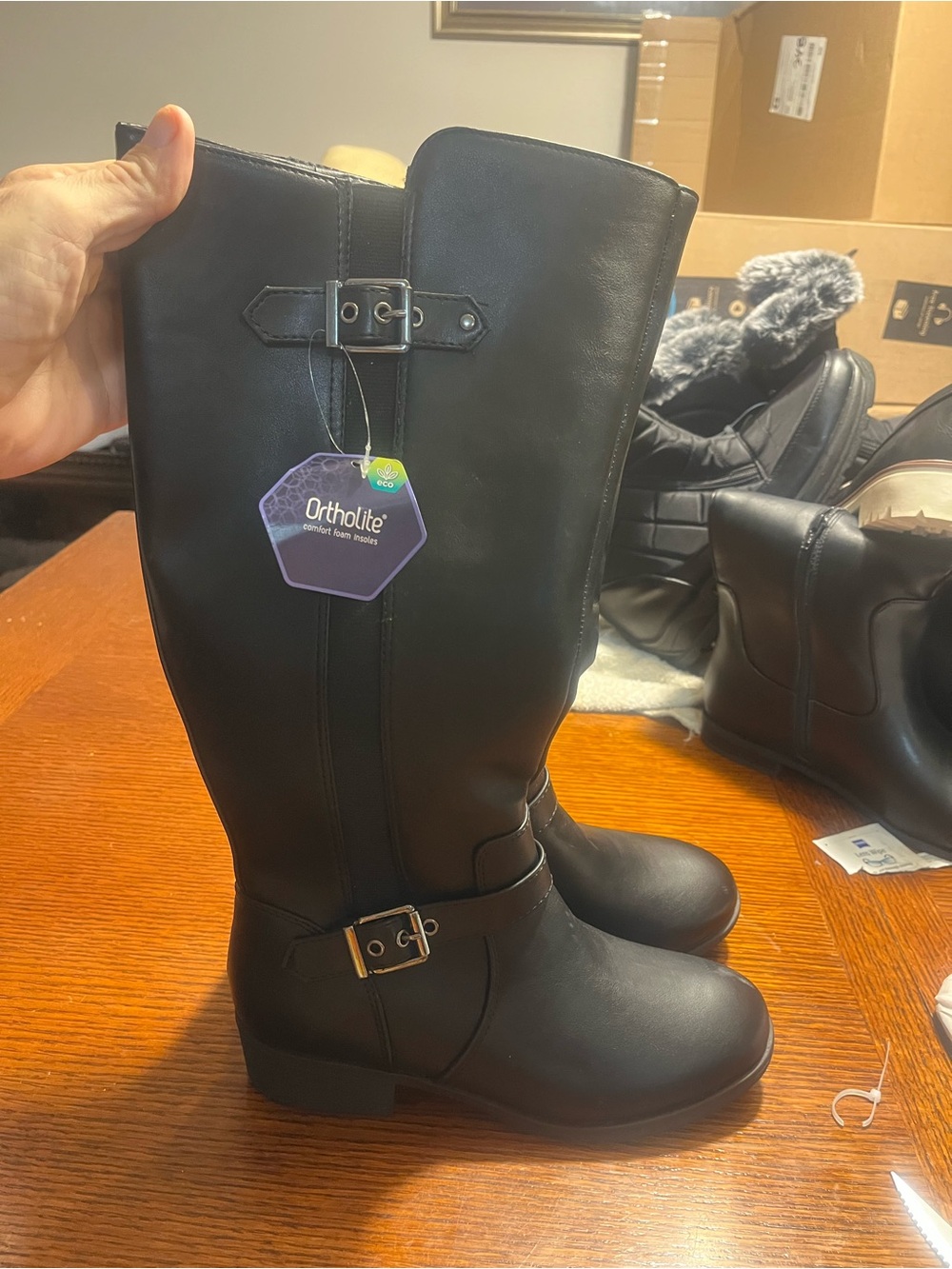 Kohl’s  Women’s Black Knee-High Buckle Heeled Boots with Ortholite Insole 7.5